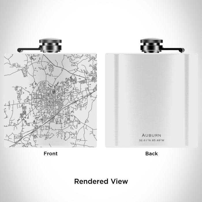 Rendered View of Auburn Alabama Map Engraving on 6oz Stainless Steel Flask in White