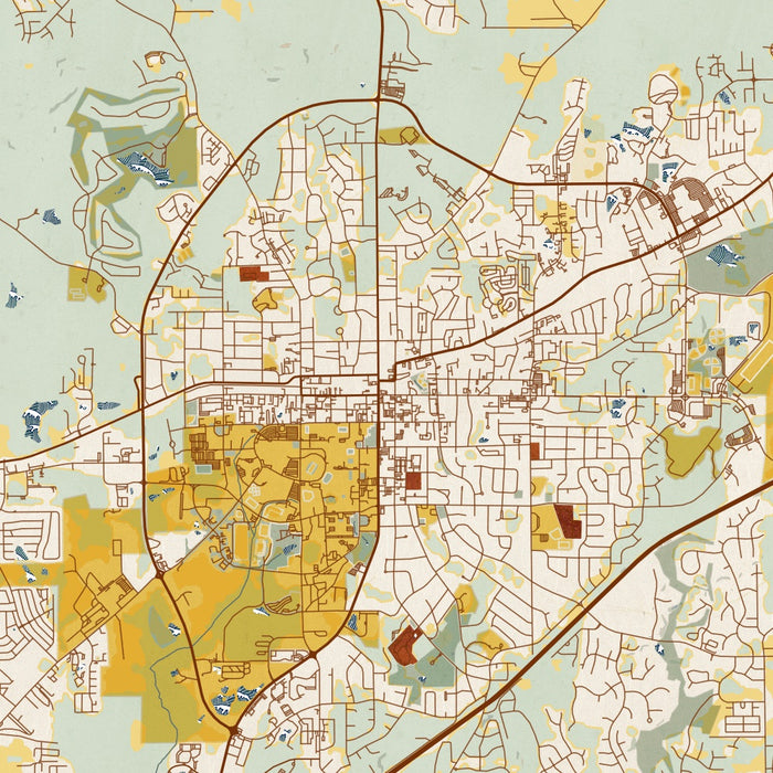 Auburn Alabama Map Print in Woodblock Style Zoomed In Close Up Showing Details