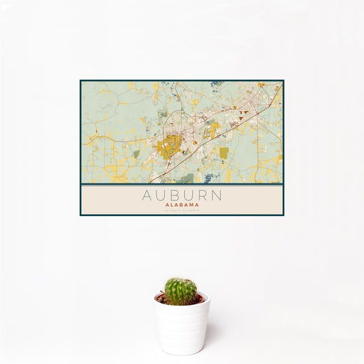 12x18 Auburn Alabama Map Print Landscape Orientation in Woodblock Style With Small Cactus Plant in White Planter