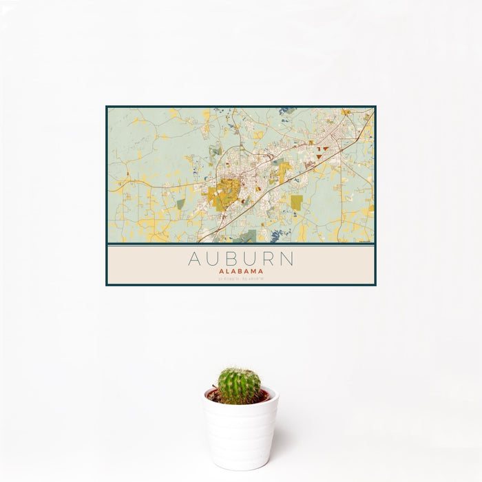 12x18 Auburn Alabama Map Print Landscape Orientation in Woodblock Style With Small Cactus Plant in White Planter