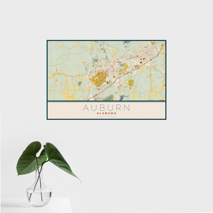 16x24 Auburn Alabama Map Print Landscape Orientation in Woodblock Style With Tropical Plant Leaves in Water