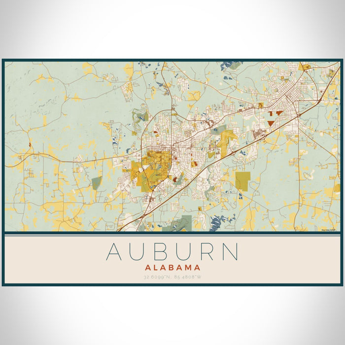Auburn Alabama Map Print Landscape Orientation in Woodblock Style With Shaded Background