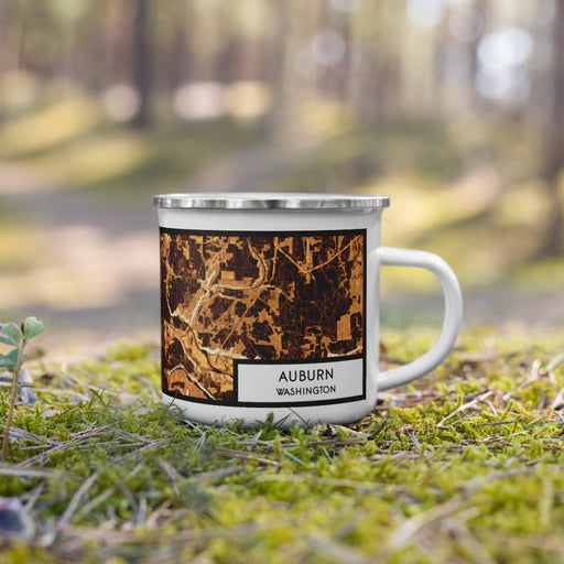 Right View Custom Auburn Washington Map Enamel Mug in Ember on Grass With Trees in Background