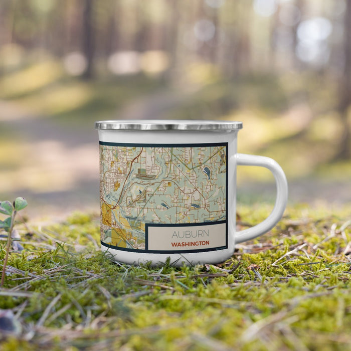 Right View Custom Auburn Washington Map Enamel Mug in Woodblock on Grass With Trees in Background