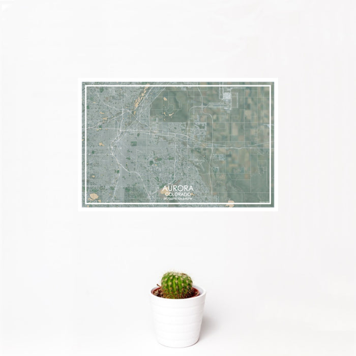12x18 Aurora Colorado Map Print Landscape Orientation in Afternoon Style With Small Cactus Plant in White Planter