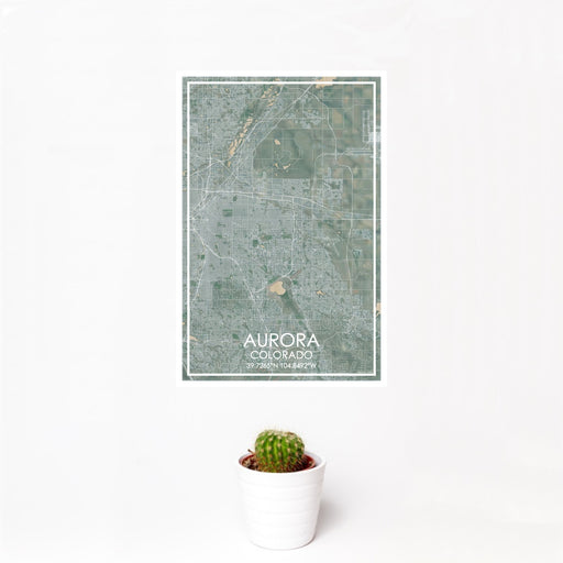 12x18 Aurora Colorado Map Print Portrait Orientation in Afternoon Style With Small Cactus Plant in White Planter