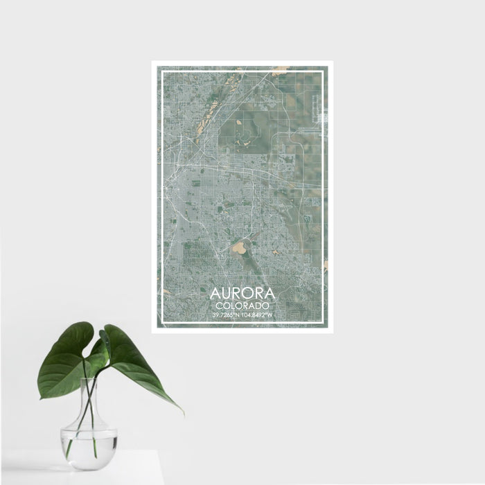 16x24 Aurora Colorado Map Print Portrait Orientation in Afternoon Style With Tropical Plant Leaves in Water