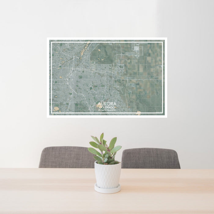 24x36 Aurora Colorado Map Print Lanscape Orientation in Afternoon Style Behind 2 Chairs Table and Potted Plant