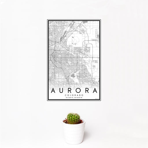 12x18 Aurora Colorado Map Print Portrait Orientation in Classic Style With Small Cactus Plant in White Planter