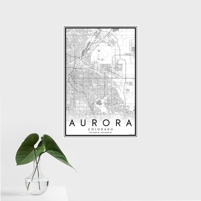 16x24 Aurora Colorado Map Print Portrait Orientation in Classic Style With Tropical Plant Leaves in Water