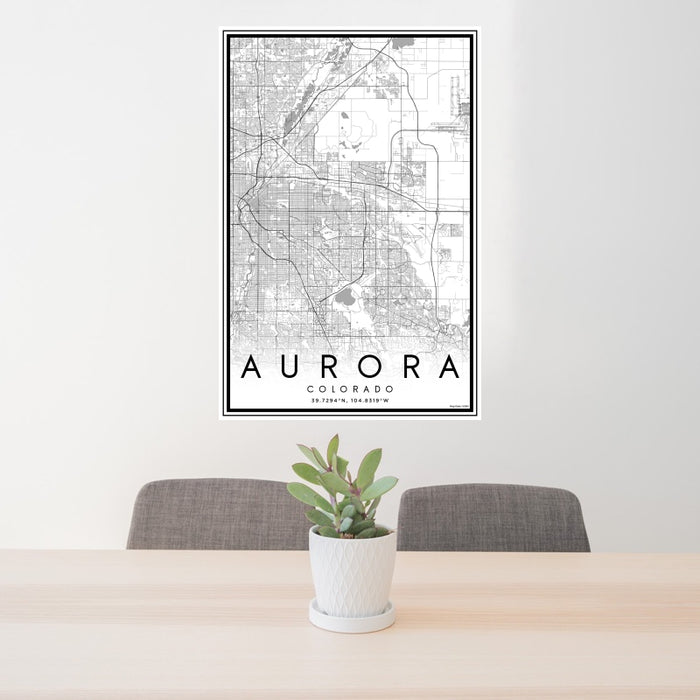 24x36 Aurora Colorado Map Print Portrait Orientation in Classic Style Behind 2 Chairs Table and Potted Plant