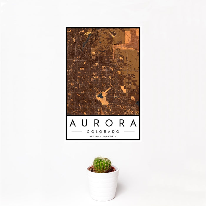 12x18 Aurora Colorado Map Print Portrait Orientation in Ember Style With Small Cactus Plant in White Planter