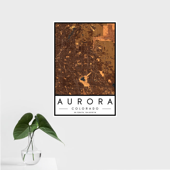 16x24 Aurora Colorado Map Print Portrait Orientation in Ember Style With Tropical Plant Leaves in Water