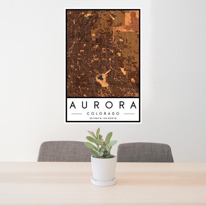 24x36 Aurora Colorado Map Print Portrait Orientation in Ember Style Behind 2 Chairs Table and Potted Plant