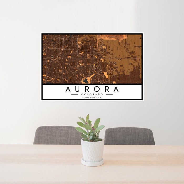 24x36 Aurora Colorado Map Print Landscape Orientation in Ember Style Behind 2 Chairs Table and Potted Plant