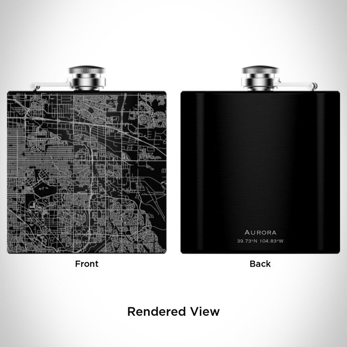 Rendered View of Aurora Colorado Map Engraving on 6oz Stainless Steel Flask in Black