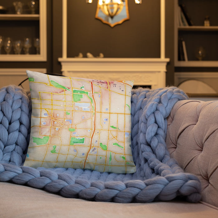 Custom Aurora Colorado Map Throw Pillow in Watercolor on Cream Colored Couch