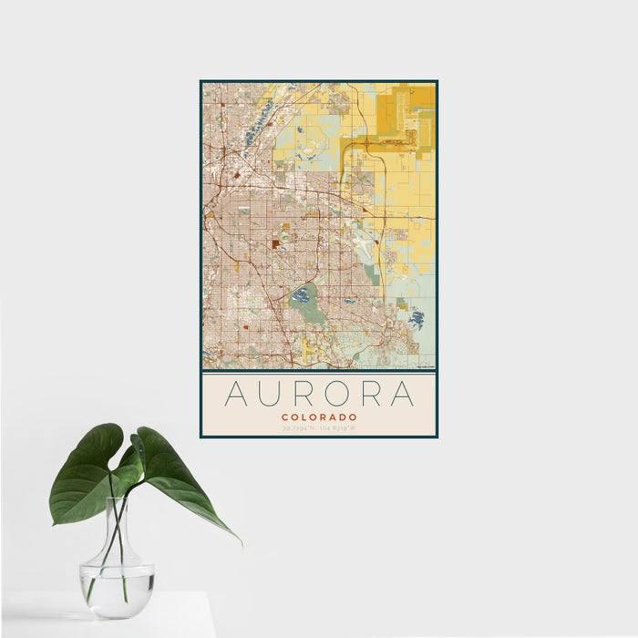 16x24 Aurora Colorado Map Print Portrait Orientation in Woodblock Style With Tropical Plant Leaves in Water