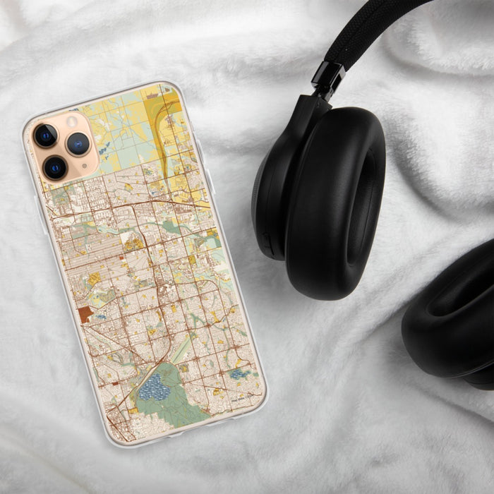 Custom Aurora Colorado Map Phone Case in Woodblock on Table with Black Headphones