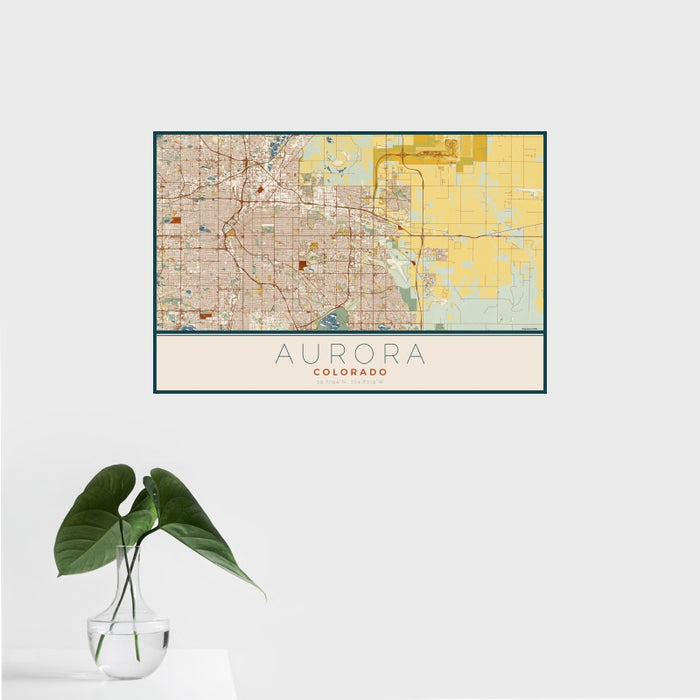 16x24 Aurora Colorado Map Print Landscape Orientation in Woodblock Style With Tropical Plant Leaves in Water