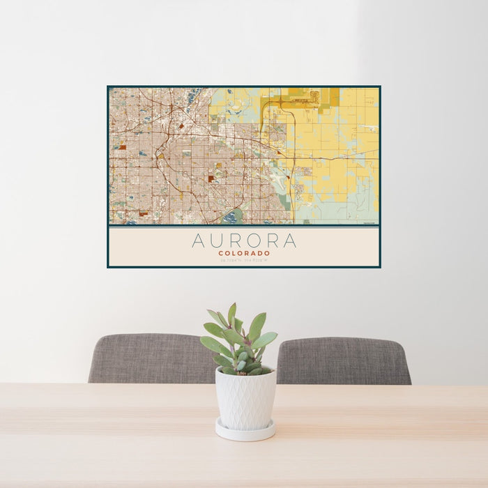 24x36 Aurora Colorado Map Print Landscape Orientation in Woodblock Style Behind 2 Chairs Table and Potted Plant