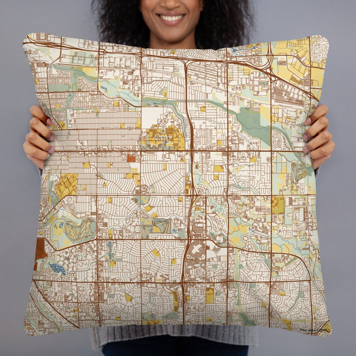 Person holding 22x22 Custom Aurora Colorado Map Throw Pillow in Woodblock