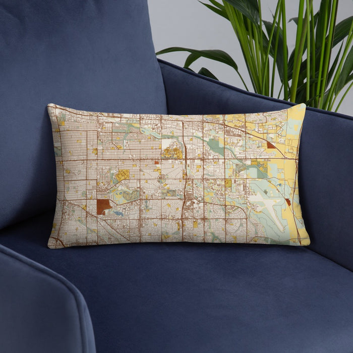 Custom Aurora Colorado Map Throw Pillow in Woodblock on Blue Colored Chair