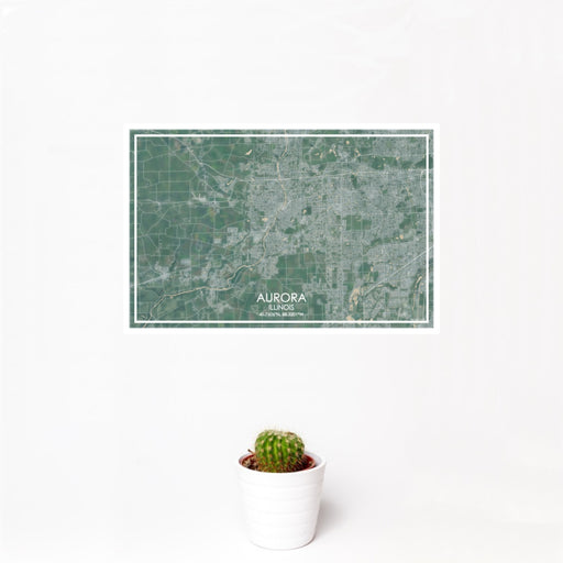 12x18 Aurora Illinois Map Print Landscape Orientation in Afternoon Style With Small Cactus Plant in White Planter