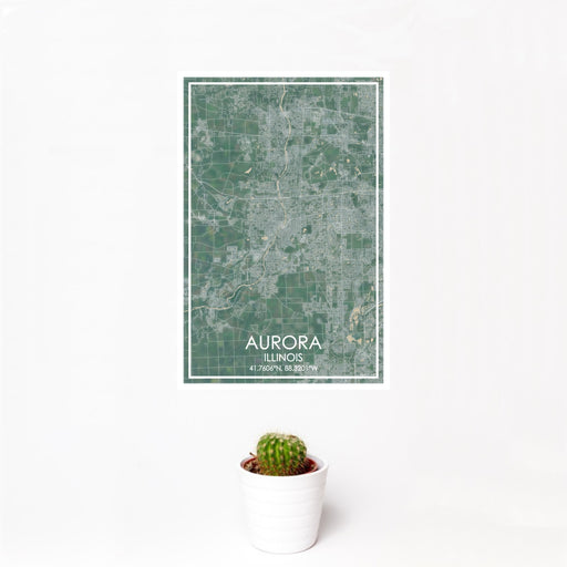 12x18 Aurora Illinois Map Print Portrait Orientation in Afternoon Style With Small Cactus Plant in White Planter