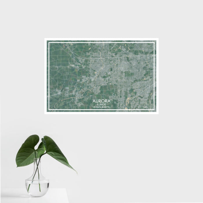 16x24 Aurora Illinois Map Print Landscape Orientation in Afternoon Style With Tropical Plant Leaves in Water