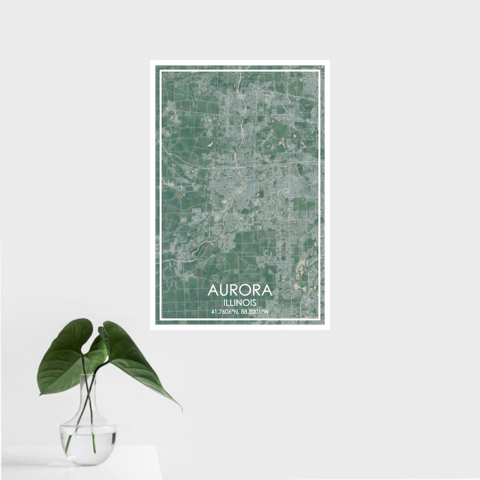 16x24 Aurora Illinois Map Print Portrait Orientation in Afternoon Style With Tropical Plant Leaves in Water
