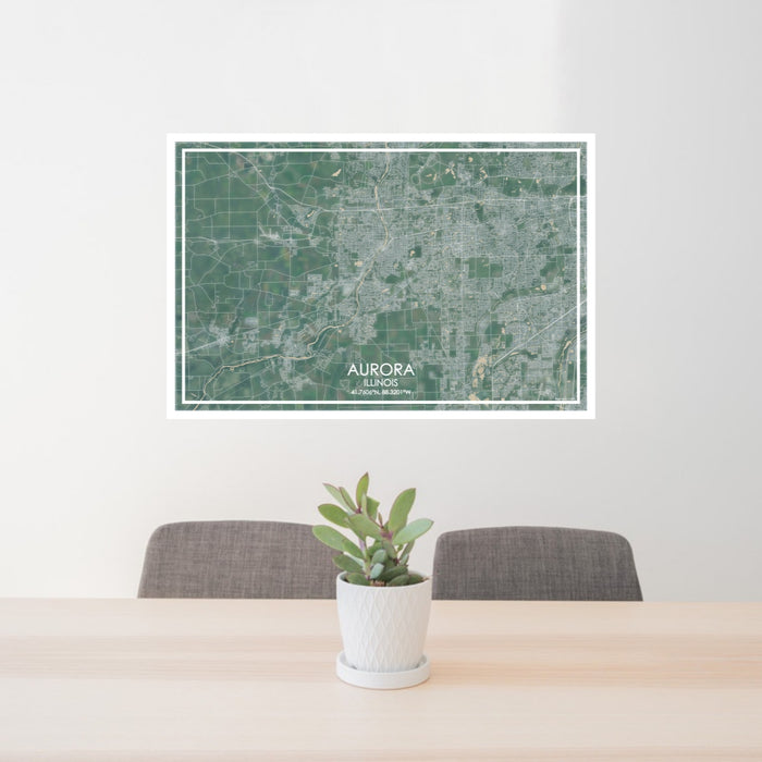 24x36 Aurora Illinois Map Print Lanscape Orientation in Afternoon Style Behind 2 Chairs Table and Potted Plant
