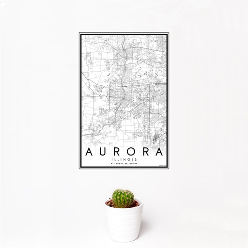 12x18 Aurora Illinois Map Print Portrait Orientation in Classic Style With Small Cactus Plant in White Planter