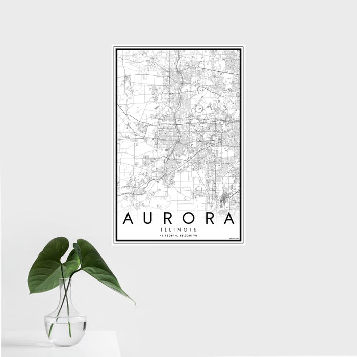 16x24 Aurora Illinois Map Print Portrait Orientation in Classic Style With Tropical Plant Leaves in Water