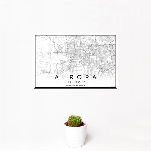 12x18 Aurora Illinois Map Print Landscape Orientation in Classic Style With Small Cactus Plant in White Planter