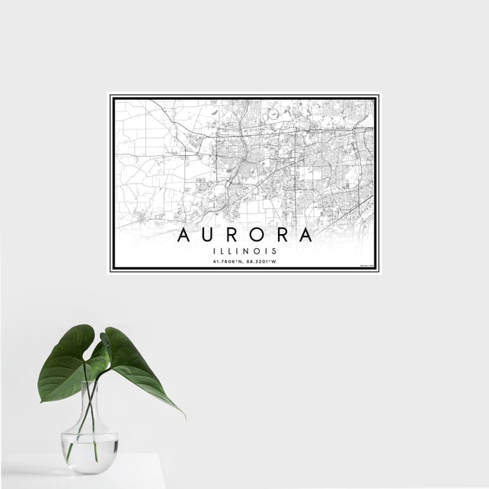 16x24 Aurora Illinois Map Print Landscape Orientation in Classic Style With Tropical Plant Leaves in Water