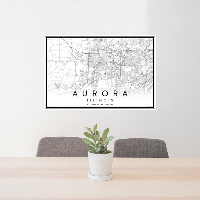 24x36 Aurora Illinois Map Print Landscape Orientation in Classic Style Behind 2 Chairs Table and Potted Plant