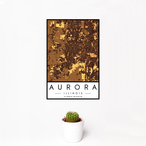 12x18 Aurora Illinois Map Print Portrait Orientation in Ember Style With Small Cactus Plant in White Planter