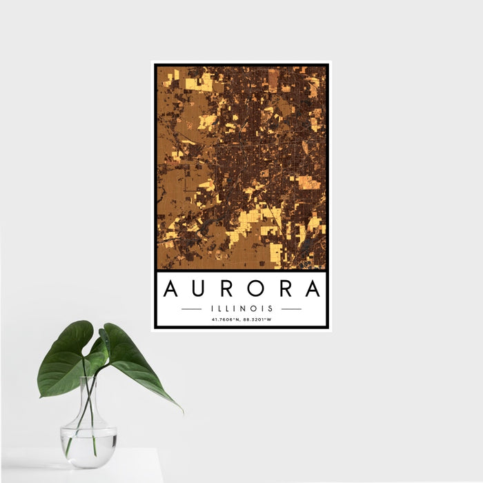 16x24 Aurora Illinois Map Print Portrait Orientation in Ember Style With Tropical Plant Leaves in Water