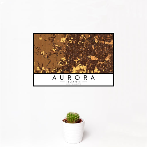 12x18 Aurora Illinois Map Print Landscape Orientation in Ember Style With Small Cactus Plant in White Planter