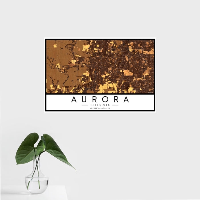 16x24 Aurora Illinois Map Print Landscape Orientation in Ember Style With Tropical Plant Leaves in Water