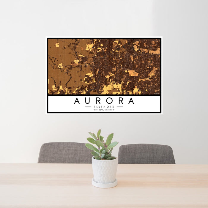 24x36 Aurora Illinois Map Print Landscape Orientation in Ember Style Behind 2 Chairs Table and Potted Plant