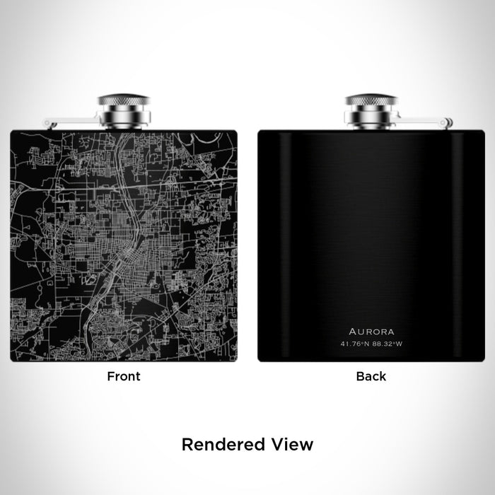 Rendered View of Aurora Illinois Map Engraving on 6oz Stainless Steel Flask in Black