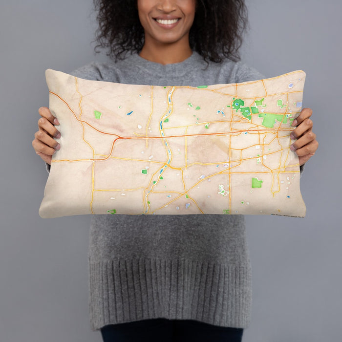 Person holding 20x12 Custom Aurora Illinois Map Throw Pillow in Watercolor