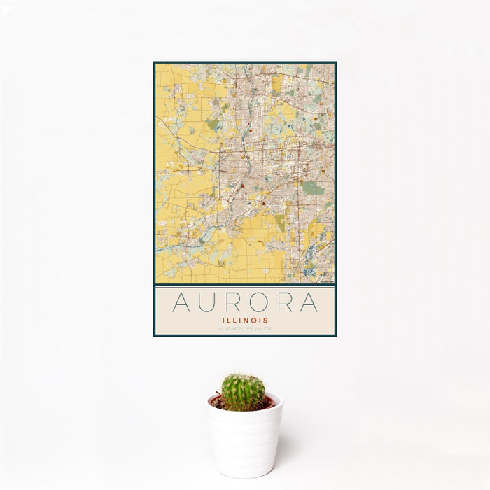 12x18 Aurora Illinois Map Print Portrait Orientation in Woodblock Style With Small Cactus Plant in White Planter