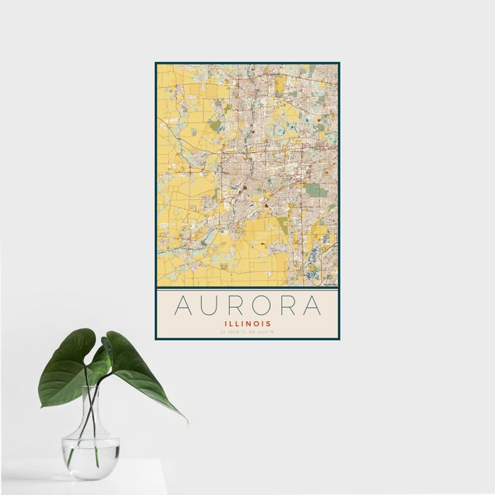 16x24 Aurora Illinois Map Print Portrait Orientation in Woodblock Style With Tropical Plant Leaves in Water