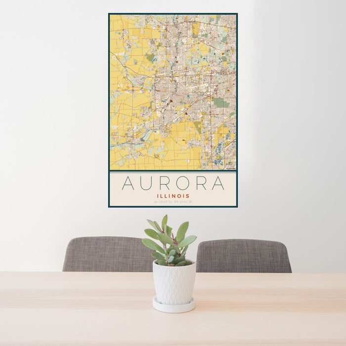 24x36 Aurora Illinois Map Print Portrait Orientation in Woodblock Style Behind 2 Chairs Table and Potted Plant