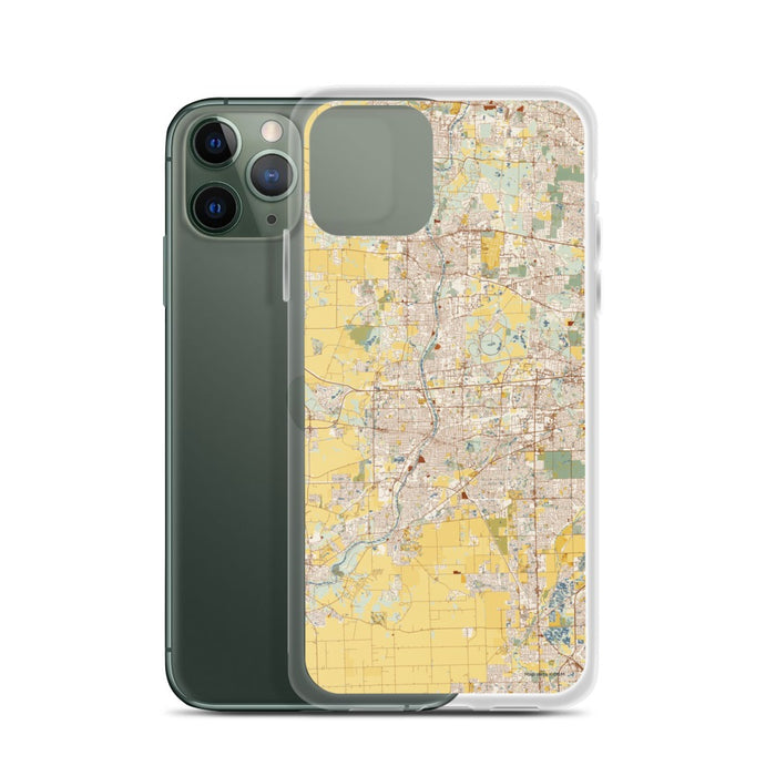 Custom Aurora Illinois Map Phone Case in Woodblock on Table with Laptop and Plant