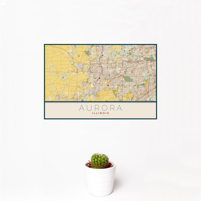 12x18 Aurora Illinois Map Print Landscape Orientation in Woodblock Style With Small Cactus Plant in White Planter