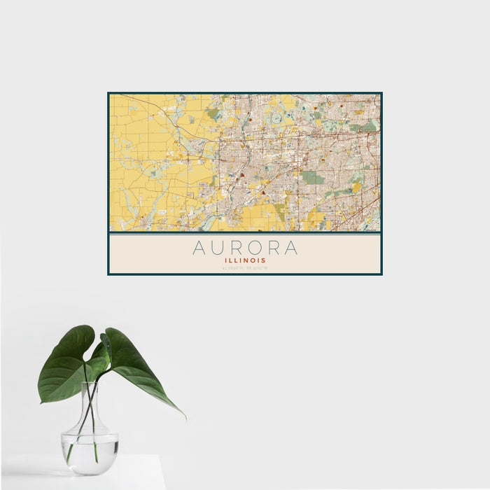 16x24 Aurora Illinois Map Print Landscape Orientation in Woodblock Style With Tropical Plant Leaves in Water
